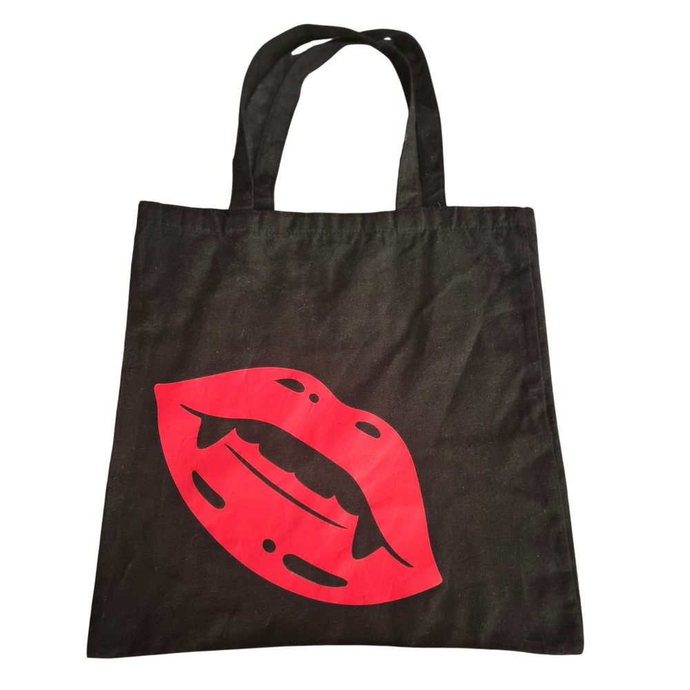 Black Canvas Tote Bag Red Vampire Lips Fangs Gothic Graphic Shopper